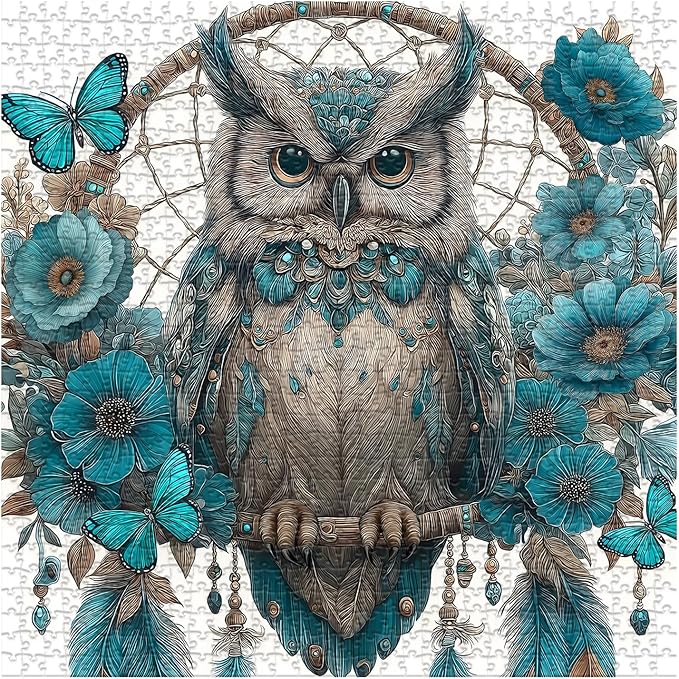 Owl Puzzles Adults 1000 Pieces, PICKFORU Owl Dreamcatcher Jigsaw Puzzle Floral Art Puzzles, Blue Butterfly Flower Animal Puzzle Adults Challenge