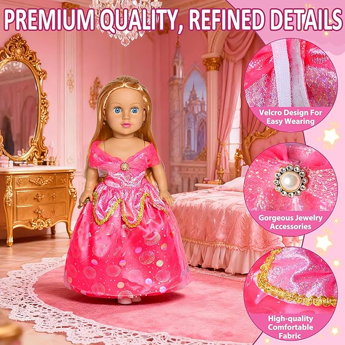 9 pcs American Doll Clothes Set for 18 inch Dolls, Doll Clothing Outfits Include 7 Different Princess Dresses, Crown, Hair Bow, Christmas Birthday Gift for Girls