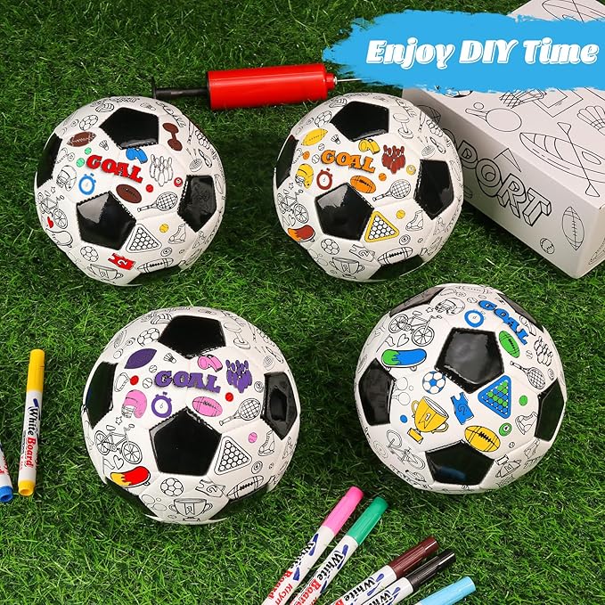 4 Pack Size 2 Color Your Own Soccer Ball Black DIY Custom Soccer Ball Craft Kit with Pump 12 Markers Personalized Youth Toddler Training Soccer Ball Paint Your Own Toy Creative