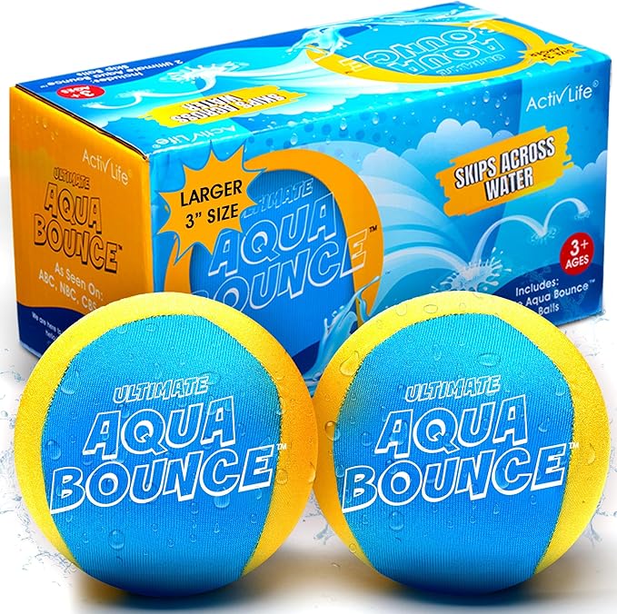 Activ Life Ultimate 2 Pack Larger 3” Water Skip Balls - Bouncing Balls for Swimming Pool & Beach Fun - Designs Include Baseball, Basketball, Volleyball, and Tennis for Kids, Friends, and Family
