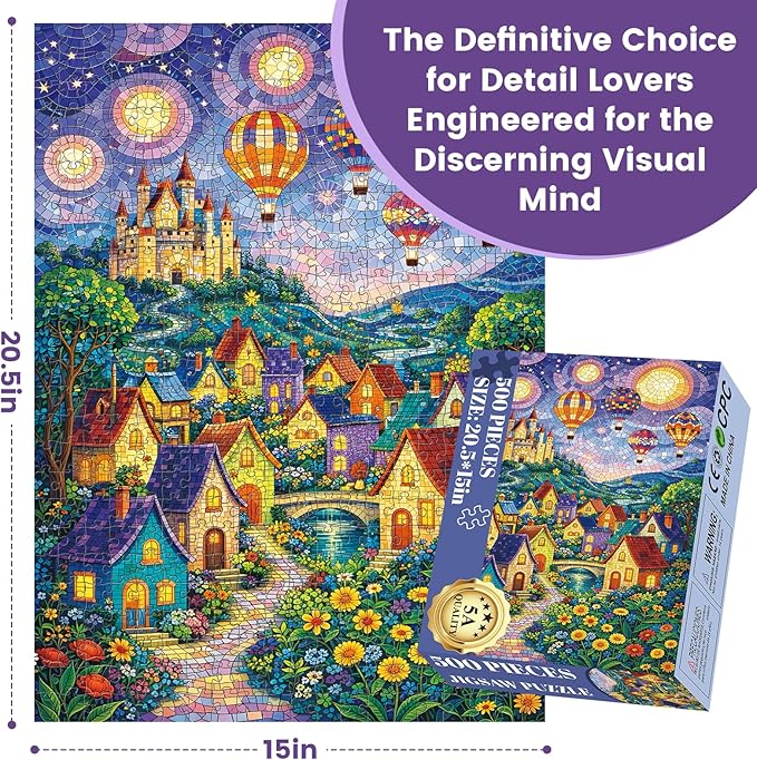 500 Piece Puzzle for Adults, Fantasy Village 500 Piece Puzzle, Vibrant Hot Air Balloons & Castle in Starry Night Jigsaw Puzzle, Perfect for Family Game Night, Home Wall Decor, Great Gift for Adults