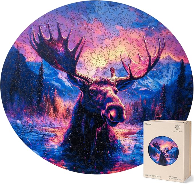 ESTROSO Magical Wooden Puzzle for Adults with Beautiful Moose Animal Design - 500 Piece Each Luxury Unique Shape Wooden Puzzle with Exquisite Wooden Box for Gift - 16.7x15.1 Inch