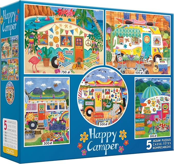 Ceaco - 5 in 1 Multipack - Happy Camper - (2) 300 Piece, (2) 500 Piece, (1) 750 Piece Jigsaw Puzzles