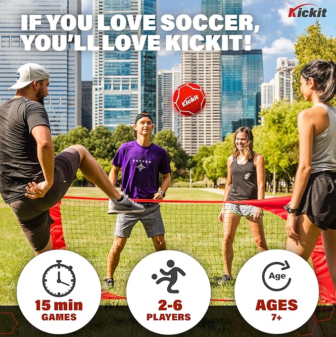 Kickit Soccer Tennis Game Set PRO, Portable 12' Wide x 3' High Net & Soft Lightweight Ball, Play Outdoors, Indoors, Backyard, Beach, Complete Skills Training & Travel Friendly