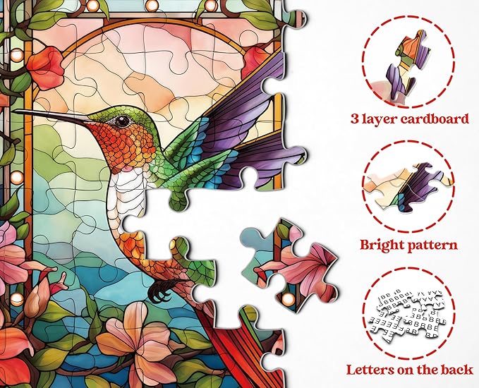 Hummingbird Puzzles for Adults 1000 Pieces, Stained Glass Spring Bird Flower Impossible Art Puzzle, Hard Challenging Bird Garden Jigsaw Puzzle as Home Wall Art Decor