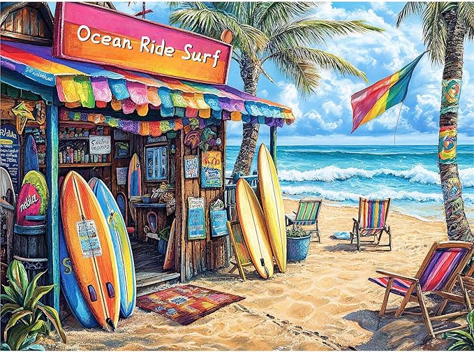 500 Piece Beach Surf Shop Jigsaw Puzzle for Adults, Summer Coastal Puzzle, Colorful Tropical Beachfront Puzzle, Home Decor Birthday Party Gift for Men Women Elders, 20.5 x 15 in