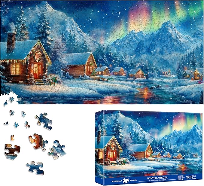Bimkole Winter Aurora Puzzles for Adults 1000 Pieces, Snow House Paper Jigsaw Puzzle 1000 Pieces - Fun and Challenging Family Decoration Puzzle Great Gift Idea, Finished Size is 31.5 x 16.14 in