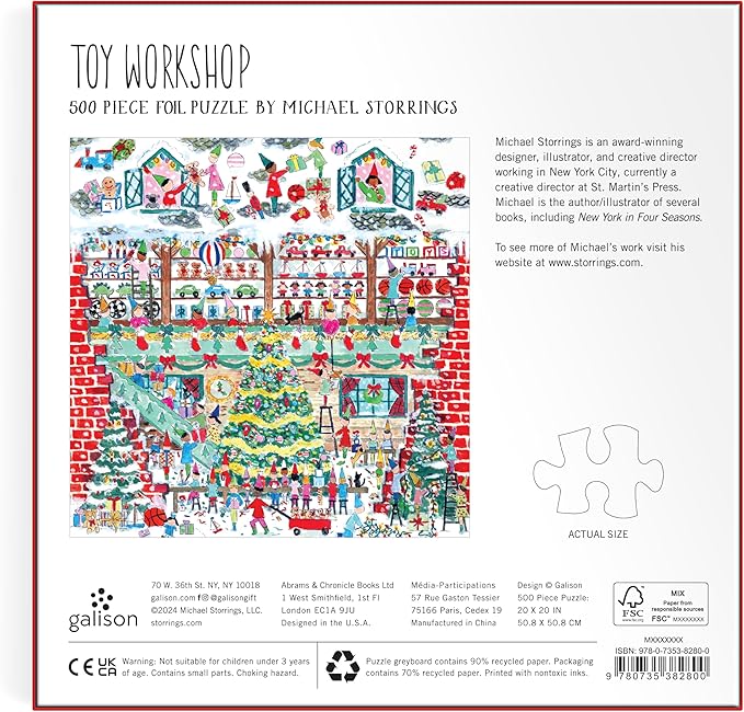 Galison Toy Workshop – 500 Piece Michael Storrings Foil Jigsaw Puzzle Featuring Beautiful Artwork of A Christmas Toy Workshop with Frosty Foil Accents