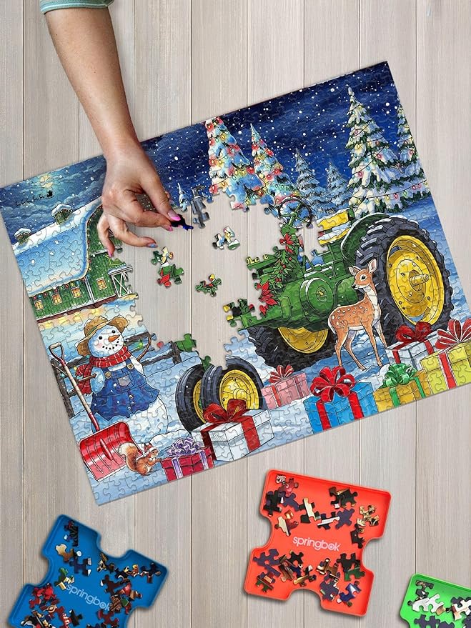 Springbok Festive Farm Surprise 500 Piece Jigsaw Puzzle for Adults - John Deere Christmas - Unique Cut Pieces - Made in USA