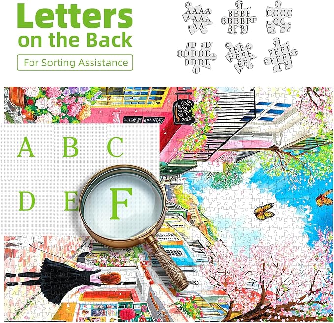Spring Cherry Blossom Street 500 Piece Jigsaw Puzzles for Adults Colorful European Scene Pink Town Jigsaw Puzzles with Letters on Back for Perfect Family Challenge Game Nights (23"X15")