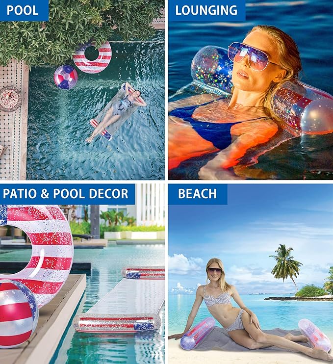 POZA Inflatable USA Pool Float - Luxurious Fun Lounger Filled with Sparkle Silver Stars Confetti, Cool USA Flag Design Water Swimming Pool Floaties for Beach, Lake & Pool