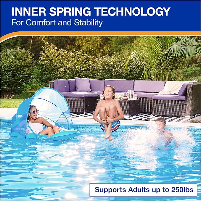 SwimWays Spring Float Premium Recliner with Canopy Pool Lounger, Inflatable Pool Floats Adult with Fast Inflation for Ages 15 & Up, Sky Blue