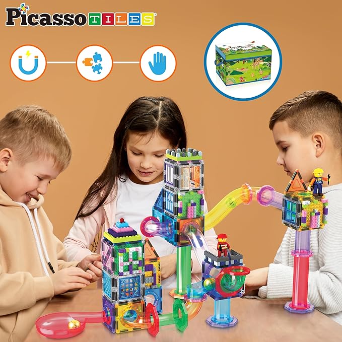 PicassoTiles 650PCS Magnetic Marble Run Tiles and Brick Combo Magnet Tile Building Blocks Magnet Set with Character Action Figures Educational Preschool Learning Toys for Kids Toddlers Ages 3+ PB650
