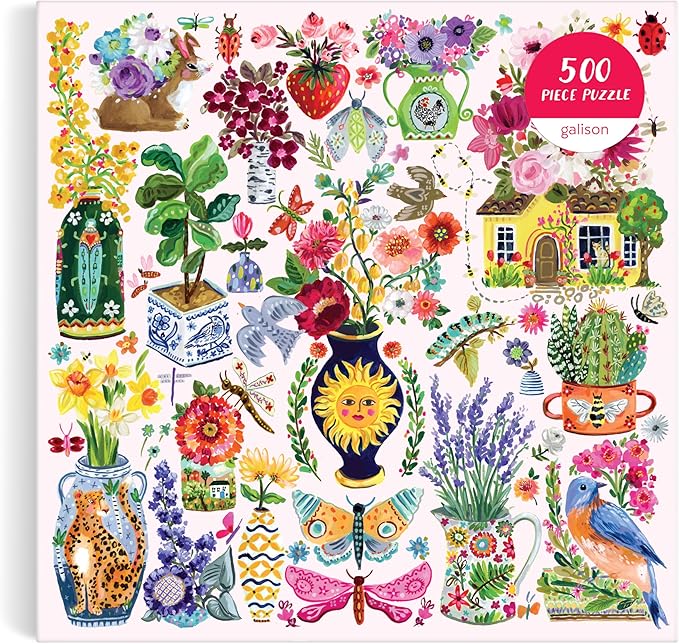 Galison Buzzy Bouquets – 500 Piece Jigsaw Puzzle Featuring Beautiful Artwork of Quirky Flower Vases and Buzzy Insects