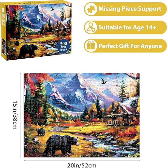 500 Pieces Jigsaw Puzzles for Adults Puzzle Bear Mountain Nature Puzzle for Elderly, Recycled Paper Puzzle 500 Pieces, Challenging Puzzle Family Game Great Gift for Friends, 20.5 x 15 Inch