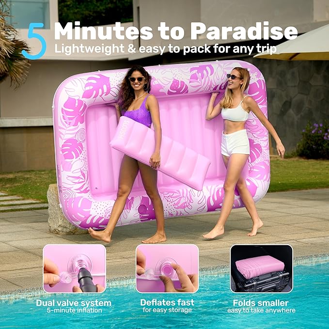 SLOOSH Inflatable Tanning Pool Lounger Float, 85" x 57" Extra Large Pool Floats Adult with Pillow, 4 in 1 Suntan Tub Raft Floatie,Sunbathing Bed Lounge for Water Blow Up Ball Pit, XL-Blushing Pink