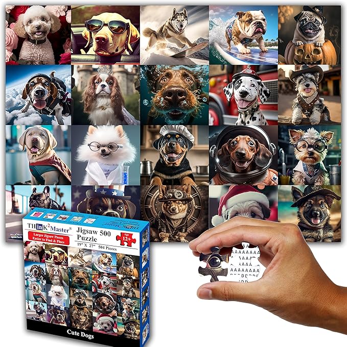 Think2Master Cute Dogs 500 Pieces Jigsaw Puzzle Featuring Very Large Pieces and Cute Puppies. for Adults, Seniors 13+ Size: 26.8” x 18.9”