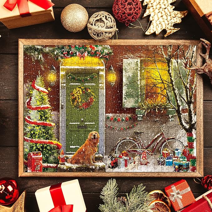 Lavievert Jigsaw Puzzle 500 Piece Puzzle for Adults - Christmas on Doorstep, Smiling Golden Retriever