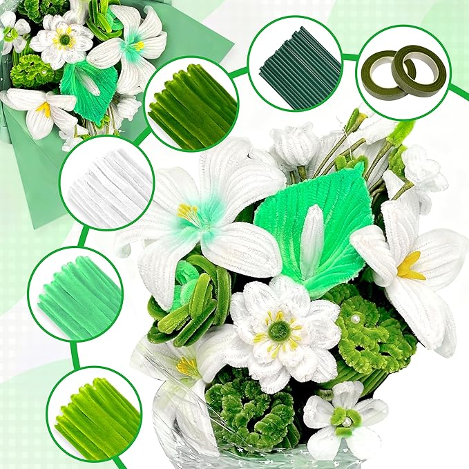 LINAYE 500 PCS Pipe Cleaners Craft, 6 Colors Pipe Cleaners Flowers Kit, Chenille Stems for Crafts with Instruction Wrapping Paper, Flower Stamens, Stems Art and Craft Supplies Green