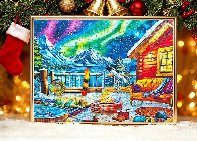 300 Piece Puzzles for Adults Large Piece - Jigsaw Puzzle for Kids Seniors - Northern Lights Lounge Cabin