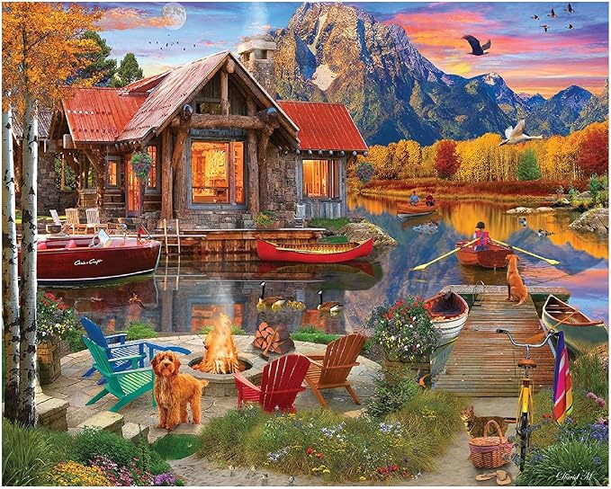 White Mountain 1000 Piece Jigsaw Puzzle Cabin Fall and Autumn Lake Scenic Puzzles Large Pieces Gift for Adults and Family 24"x30" - Family Retreat