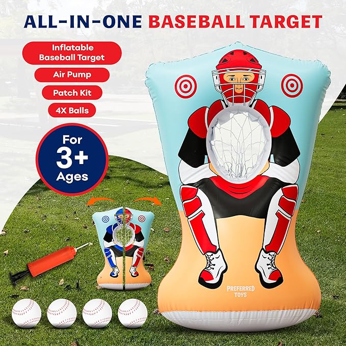 Inflatable Baseball Pitching Target for Kids 3 and Above - Double-Sided Throwing Toss Game with 4 Soft Balls - Indoor Outdoor Baseball Toys Training Equipment - Red/Blue