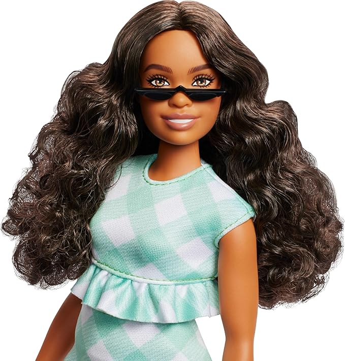 Barbie Fashionistas Doll #240 with Wavy Dark Brown Hair Wearing Minty Green Ruffled Gingham Dress, Sunglasses and Lavender Heels Accessories
