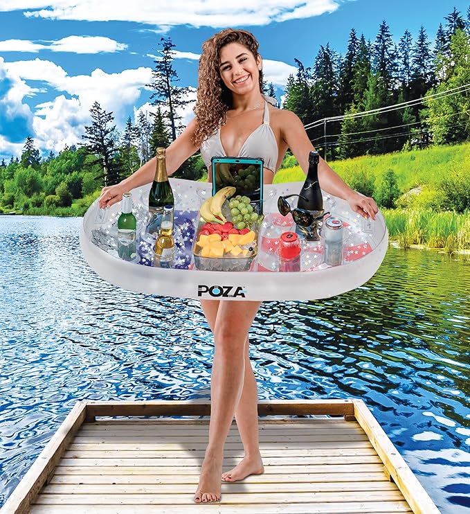 POZA Inflatable USA Pool Float - Luxurious Fun Lounger Filled with Sparkle Silver Stars Confetti, Cool USA Flag Design Water Swimming Pool Floaties for Beach, Lake & Pool