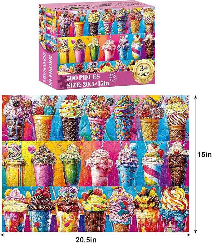 500 Piece Puzzles for Adults,Colorful Ice Cream Food Jigsaw Puzzle for Adults Seniors,Recycled Cardboard Summer Puzzle 500 Piece,Challenging Family Game Great Gift for Family Friends,20.5 x 15 in