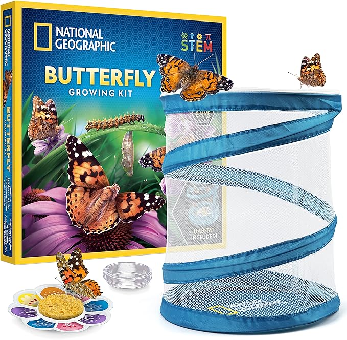 National Geographic Butterfly Growing Kit - Butterfly Habitat Kit with Voucher to Redeem 5 Caterpillars (S&H Not Included), Butterfly Cage, Feeder, Easter Basket Gifts for Kids
