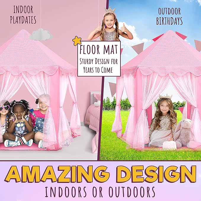 Orian Princess Tent for Kids, Toddler & Kids Pink Play Tent Indoor & Outdoor Princess Castle Fort for Girls and Toddlers Ages 2-7, 55”x53”, LED Star Lights, Children’s Toys and Gifts for Girls
