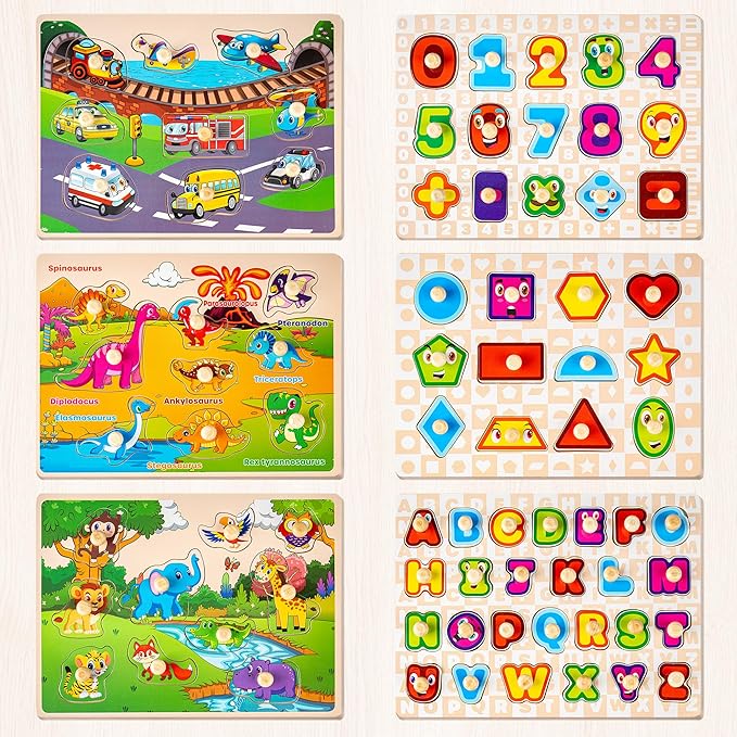 SYNARRY Wooden Puzzles for Toddlers 1-3, 6XSET Puzzles for Toddlers 2-4 with Rack, Learning Alphabet Number Shape Animal Dinosaur Vehicle, Toddler Easter Basket Stuffers Gifts Toys for Boys Girls