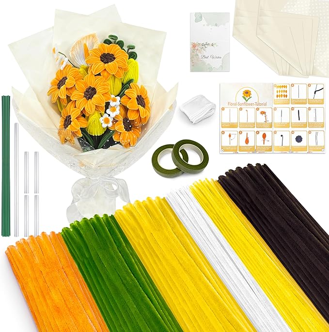 LINAYE 500 PCS Pipe Cleaners Craft, 6 Colors Pipe Cleaners Flowers Kit, Chenille Stems for Crafts with Instruction Wrapping Paper, Stems Art and Craft Supplies Yellow