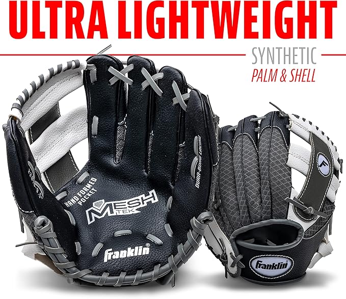 Franklin Sports Kids Baseball Glove + Foam Ball Sets - Meshtek Youth Teeball Gloves for Kids + Toddlers - Left + Right Hand Throw - 9.5" Inch