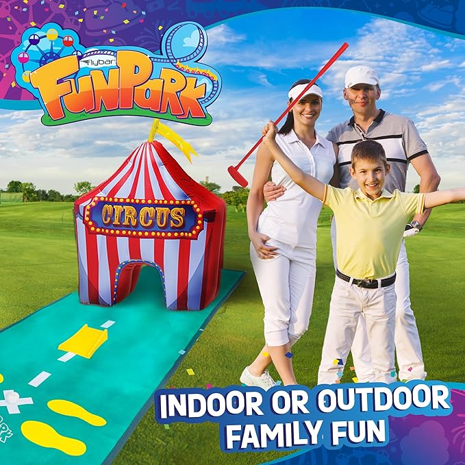 FunPark Inflatable Mini Golf Set – 13-Piece Course with Adjustable Clubs, Balls, Putting Cups, Green Mats and Themed Obstacles for Indoor or Outdoor Play, Active Game for Boys ANG Girls, Ages 6+