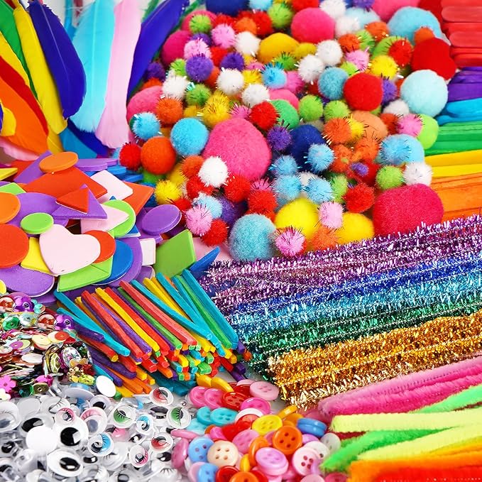 FUNZBO 2000Pcs+ Arts & Crafts Supplies Kits for Kids, Easter DIY Craft Supplies for Toddlers Art Supply Tools Set Pipe Cleaners, Pom Poms and Feather, Birthday Gifts for Kid Girls Ages 4-8-12