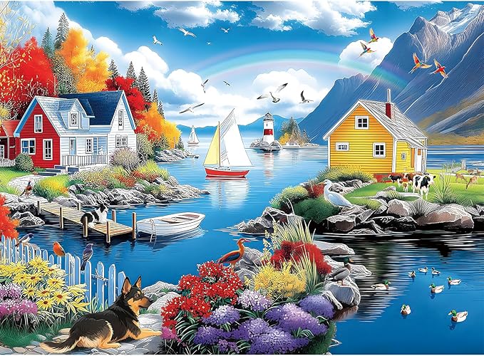 300 Piece Puzzles for Adults, 300 Piece Puzzles for Adults Large Piece, Village Lighthouse Dog Bird Rainbow Jigsaw Puzzle, Challenging Puzzle Perfect for Game Nights, 20.5 X 15 in