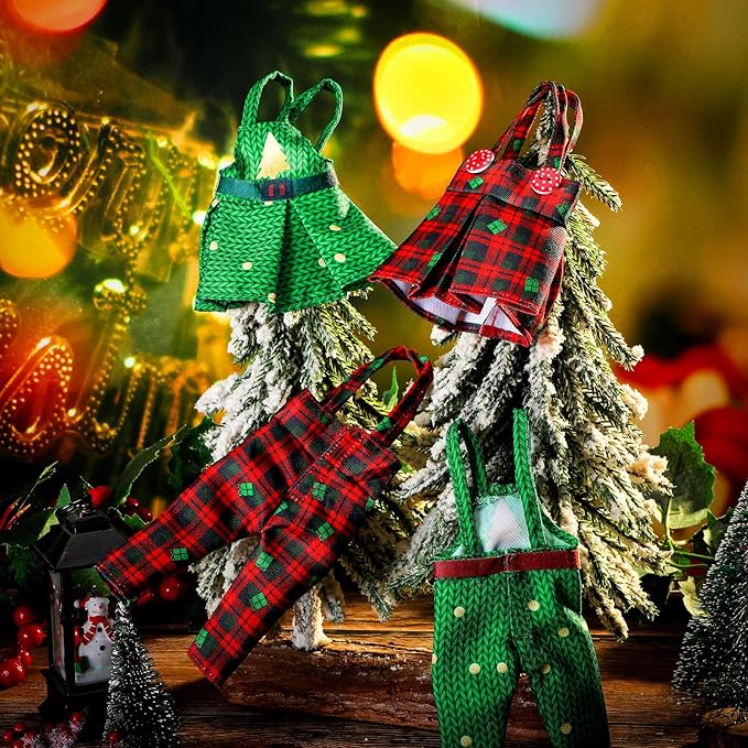 Hungdao 4 Pcs Christmas Doll Clothes Christmas Accessories Doll Clothing Red Green Plaid Dress Xmas Tree Holiday Outfits for Boys Girls Xmas Party Supplies