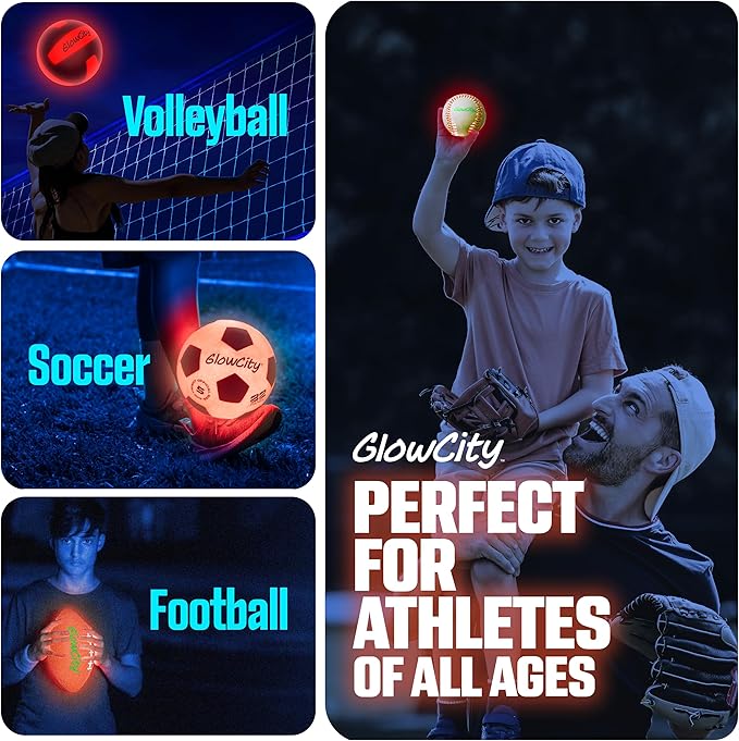 GlowCity Premium Leather LED Rechargeable Light-Up Baseball - Illuminate the Game - Nighttime Fun and Play - Sports Stuff & Gadgets for Kids Age 8 Years Old and Up - Catch Only