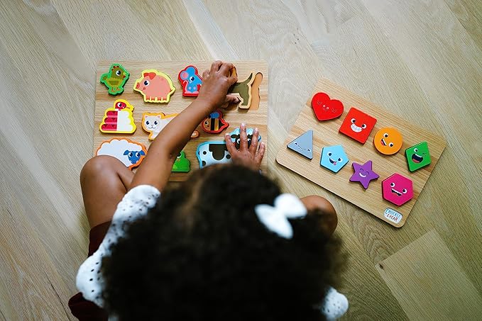 Chuckle & Roar - Jigsaw Wooden Puzzles Shapes and Animals 2 Pack - Preschool Puzzle for Toddlers Ages 3 Plus - Educational Puzzle Set for Fine Motor Skills and Screen Free Learning
