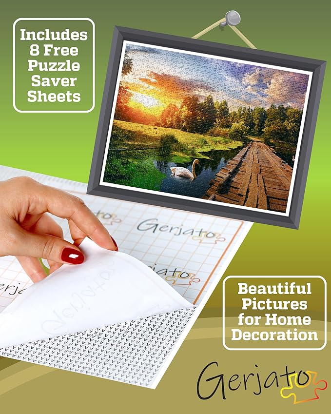 1000 Piece Puzzle for Adults - Golden Hour Lake with Wooden Bridge & Swans, Gift-Ready Box, Letters on Back, 8 Jigsaw Puzzle Saver Sheets & Full-Size Poster by GERJATO - Ideal Gift for Loved Ones