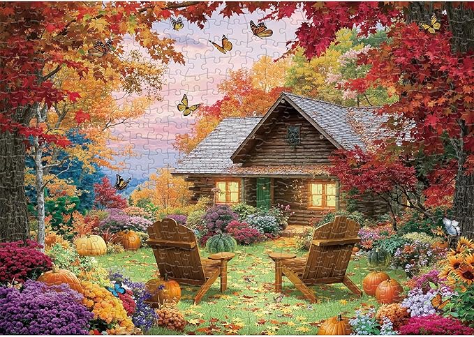 Sutinban Fall Cottage 500 Pieces Puzzle for Adults, Thanksgiving Colorful Autumn Nature Jisgaw with Plant Pumpkin, Challenging Puzzle for Home Decor & Gift