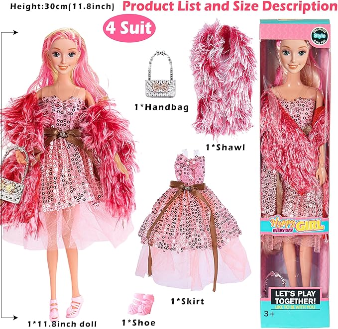 iBayda 6 Pack Fashion 11.5 inch American Toy Prinecess Dolls Playset with Outfits Dress Design and Accessories Like Handbag Hat Crown Necklace Suitcase (Gift Box Package)