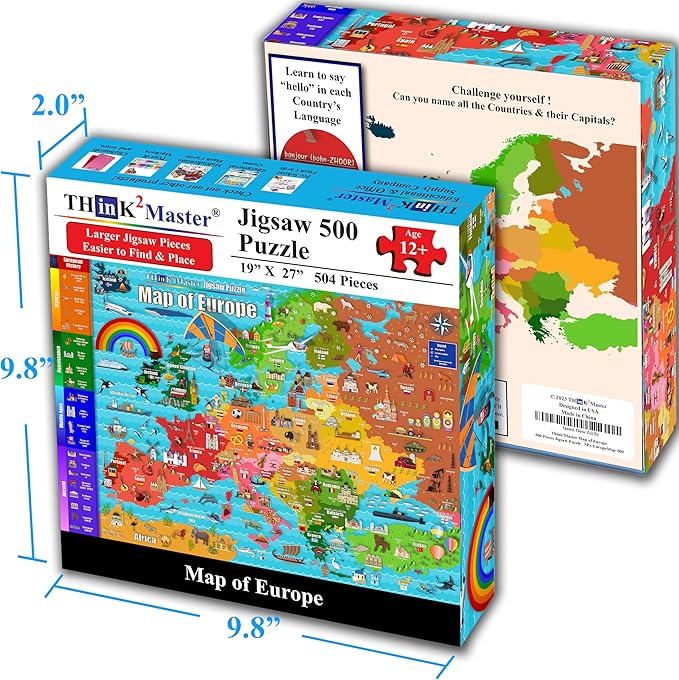 Think2Master Colorful Map of Europe 500 Pieces Jigsaw Puzzle with Very Large Pieces for 13+, Adults & Seniors. Great Gift for Interest in The European Map. Size: 26.8” X 18.9”