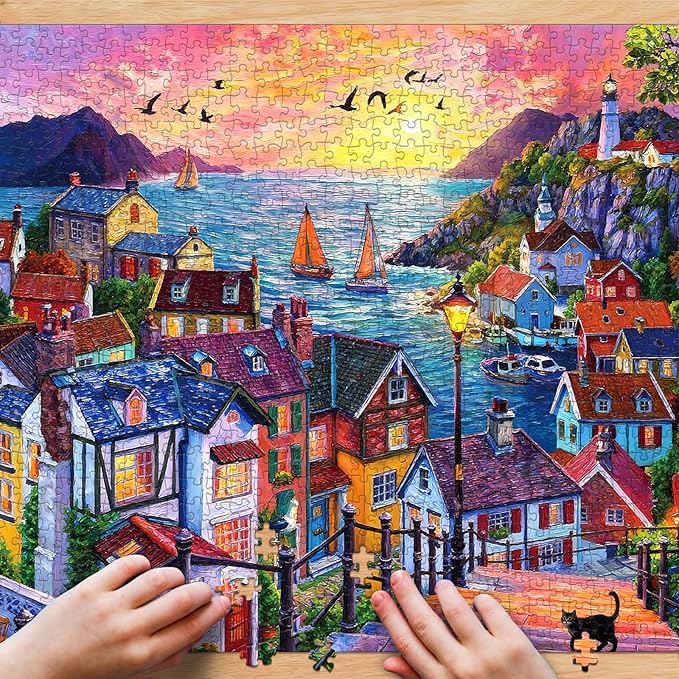Puzzle for Adults 1000 Pieces, Harbor Twilight Village Puzzle, Challening Impossible Difficult Hard Fun 1000 Pieces Jigsaw Puzzles for Adults