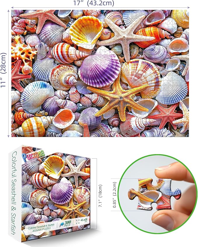 300 Pieces Puzzle for Adults, Colorful Seashell and Starfish Jigsaw Puzzles for Adults with Letter on Back for Fun Family Game Challenging Puzzle and Perfect Summer Decoration (17 x 11 in)