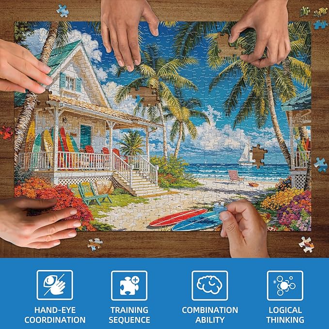 500 Piece Puzzles for Adults, Beach Cottage Puzzles for Adults 500 Pieces, Summer Beach Leisure Jigsaw Puzzles, Challenging Ocean Jigsaw Puzzle as Home Decor