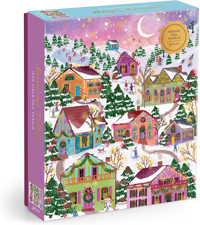Galison Snowcap Village – 1000 Piece Foil Joy Laforme Jigsaw Puzzle Featuring Beautiful Artwork of Snowcapped Village During Christmas