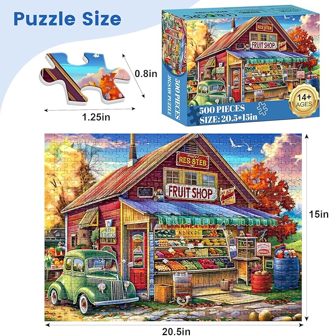 500 Pieces Puzzle for Adults, Country Store Puzzles, Landscape Jigsaw Puzzles, Creative Play Holiday Party Gifts, Fun and Challenging Family Game for Adults Seniors, 20.5x15 in