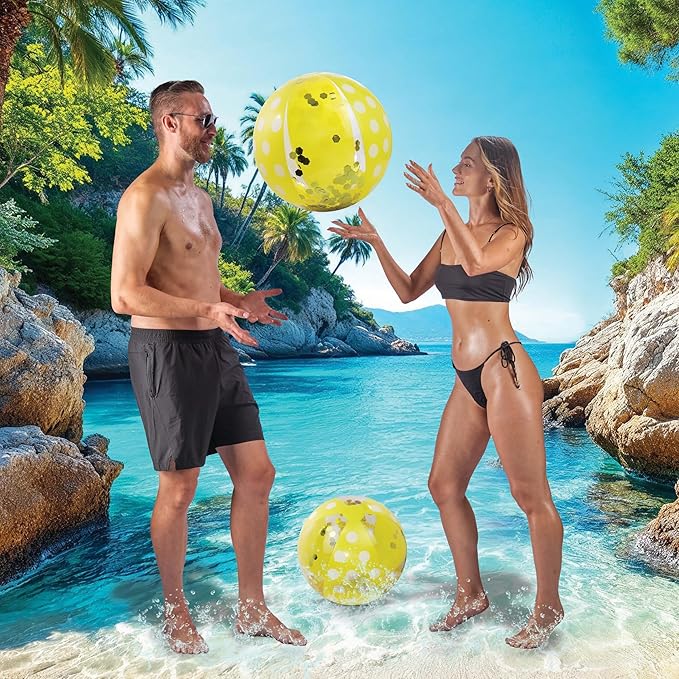 POZA Inflatable Beach Balls - Elegant Glitter Confetti Premium Floaters, Heavy Duty Vinyl Floatation Pool Toys for Pool Beach Party, UV Resistant Pool Décor